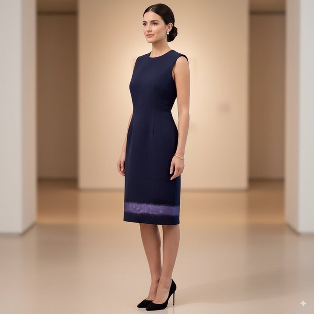 Balenciaga Navy with Ultraviolet Virgin Wool Blend Sleeveless Midi Dress US6 NWT